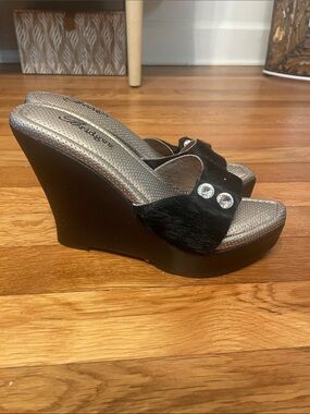 Real Pony Hair!! Black Wedge Slide Sandals with Fur Strap and Crystal Accent